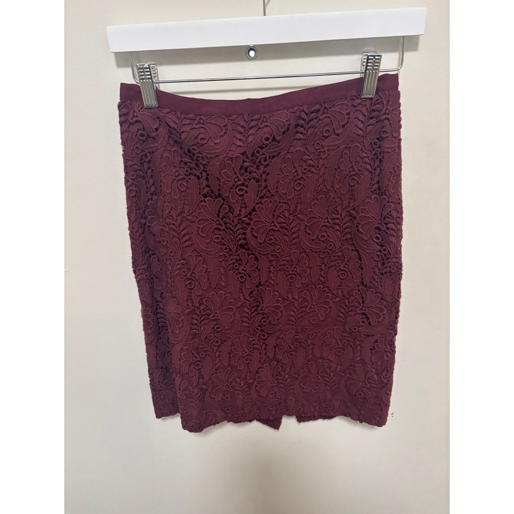Talbots Petites Burgundy Floral Lace Pencil Skirt Size 2P Wine Red Overlay